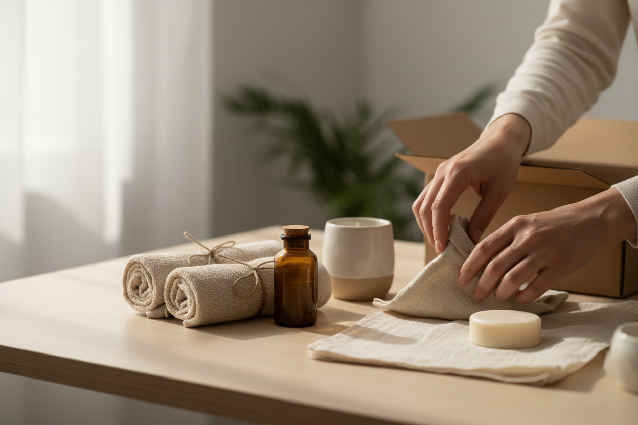 A clean, modern lifestyle banner image for an ecommerce brand.
A close-up shot of everyday products being prepared and packed on a minimal wooden desk.
Soft natural lighting, neutral tones, warm and trustworthy atmosphere.
No logos, no text, no brand names.
Background slightly blurred to leave space for headline text overlay.
Professional, authentic, and customer-focused feeling.
Wide aspect ratio, website hero banner style.
